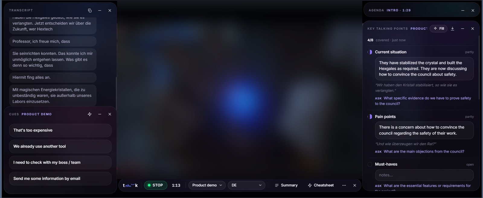 The taaawk extension during a call: live transcript and cues on the left, key talking points and the agenda on the right, the control bar at the bottom.